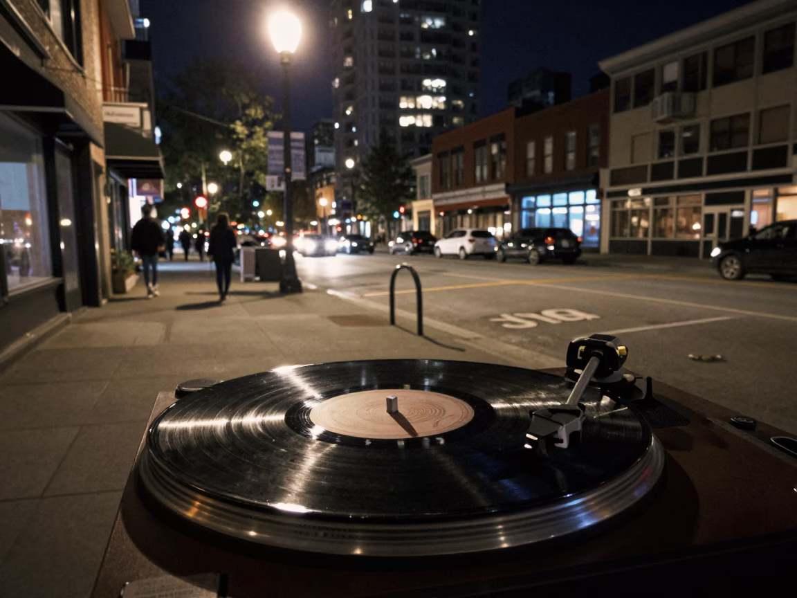 Late Night Vancouver Street Scene with Record Player and Garlic Bulbs on Wet Pavement in in Vancouver, British Columbia, Canada