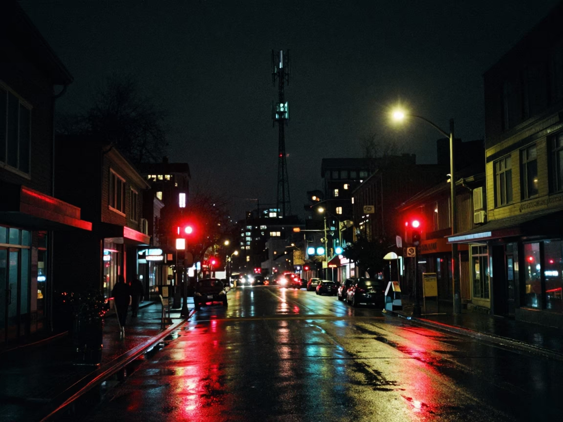 Late Night Vancouver Street Scene with Red Beacon and Rain-Slicked Urban Architecture in in Vancouver, British Columbia, Canada