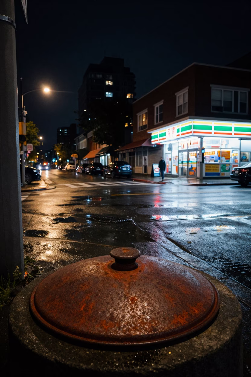Late Night Vancouver Street Scene with Rusty Pot Lid and Corkscrew on Wet Pavement in in Vancouver, British Columbia, Canada