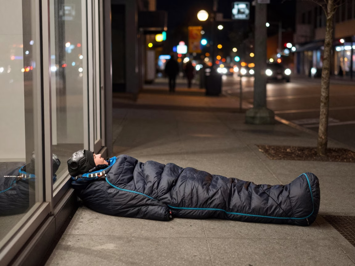 Late Night Vancouver Street Scene with Sleeping Bag and City Lights in in Vancouver, British Columbia, Canada
