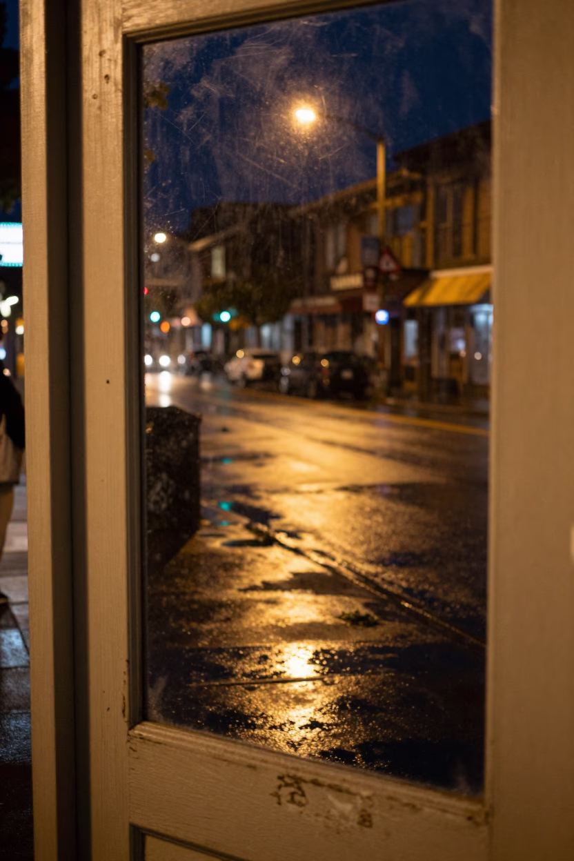 Late Night Vancouver Street Scene with Smudged Window Glass and Scuffed Painted Wood in in Vancouver, British Columbia, Canada
