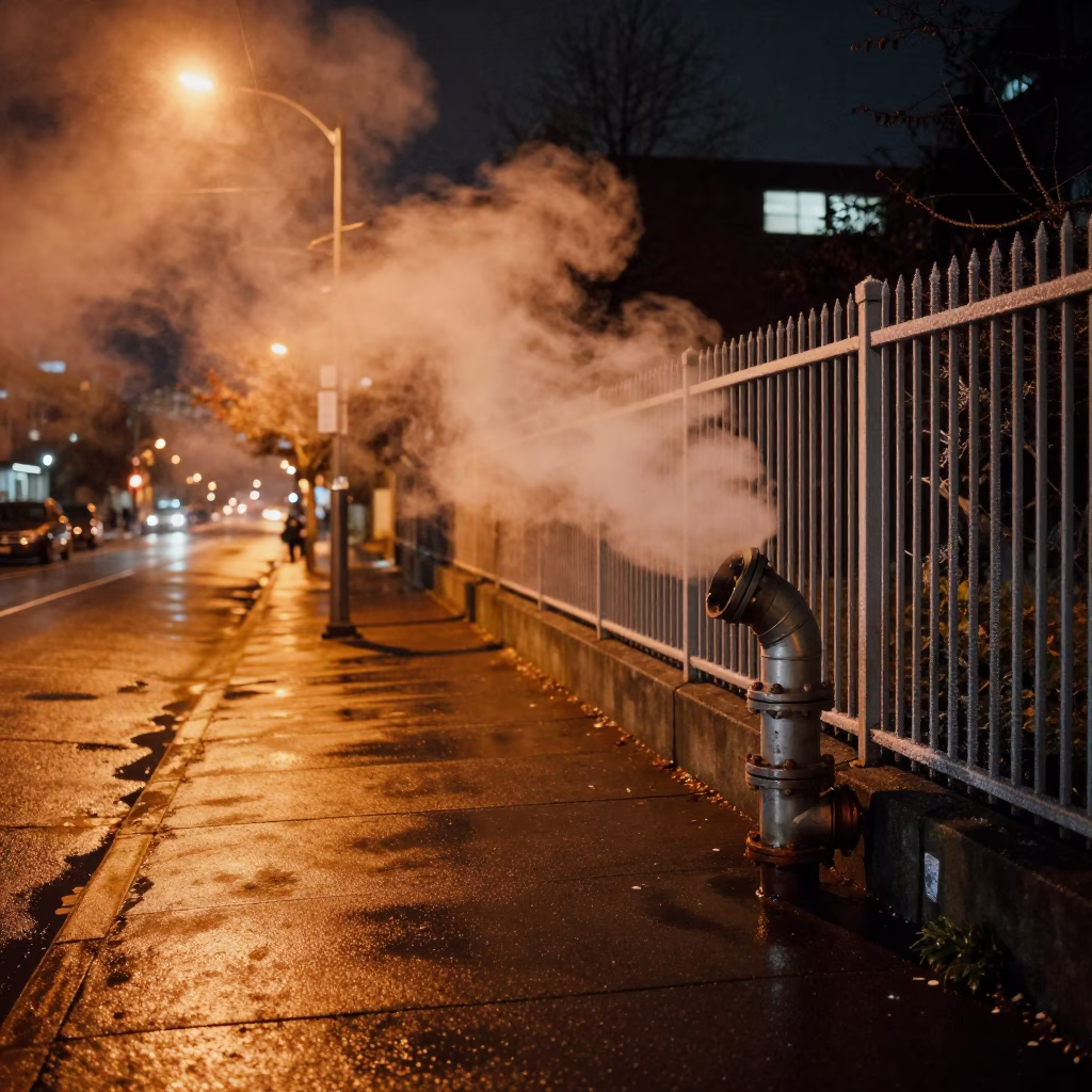 Late Night Vancouver Street Scene with Steaming District Heating Pipes and Madrone Tree Bark in in Vancouver, British Columbia, Canada