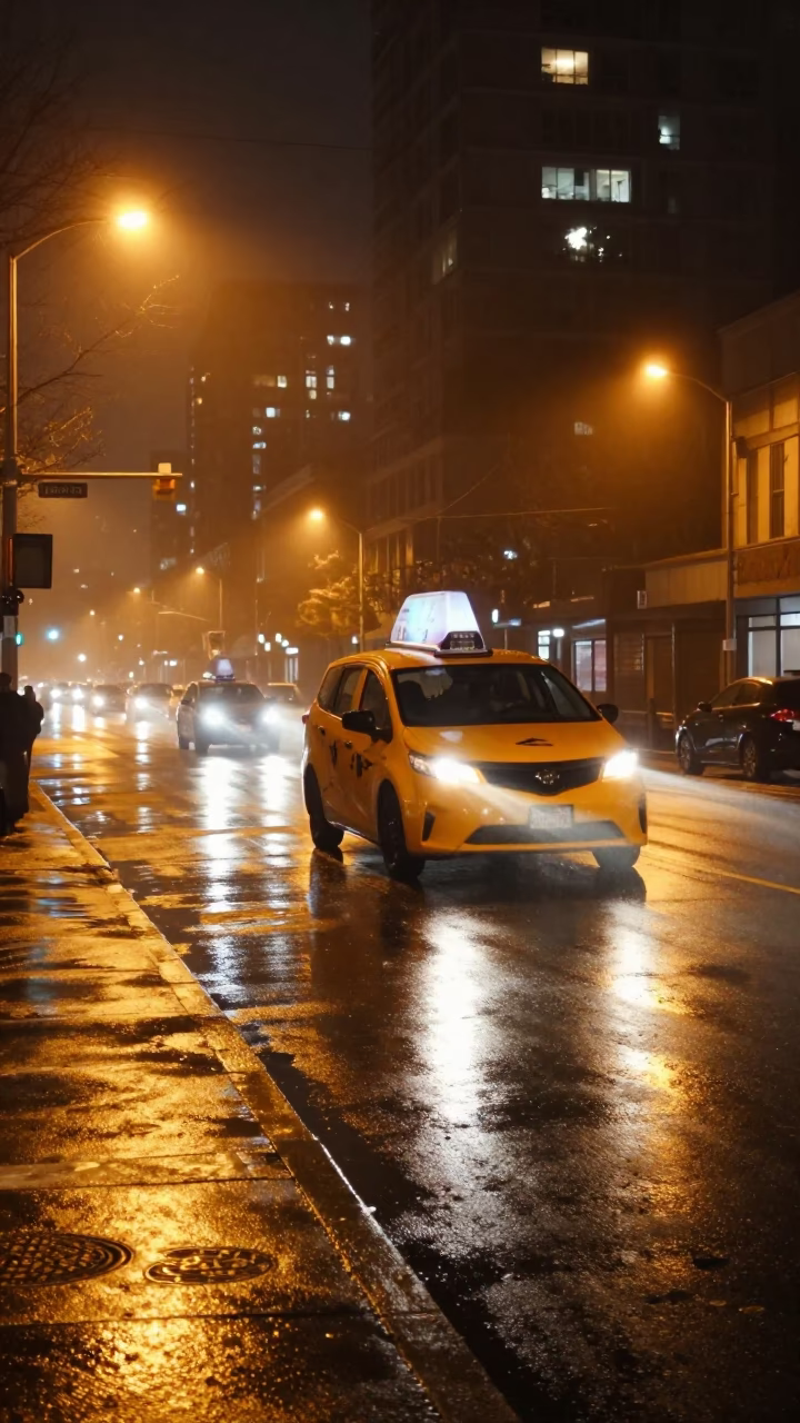 Late Night Vancouver Street Scene with Yellow Taxi and Rain-Slicked Pavement Reflections in in Vancouver, British Columbia, Canada