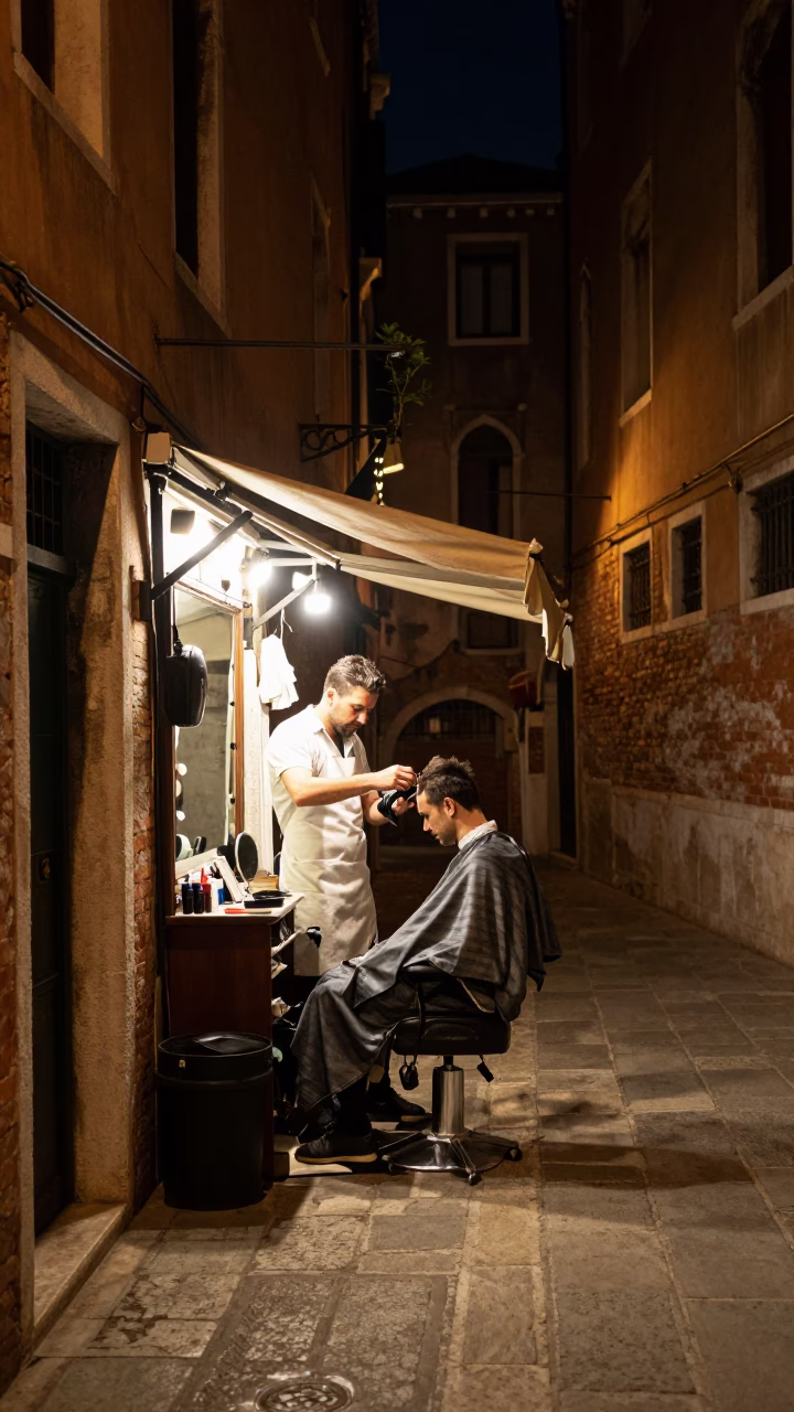 Late Night Venetian Alleyway with Barber and Hanging Laundry in in Venice, Italy