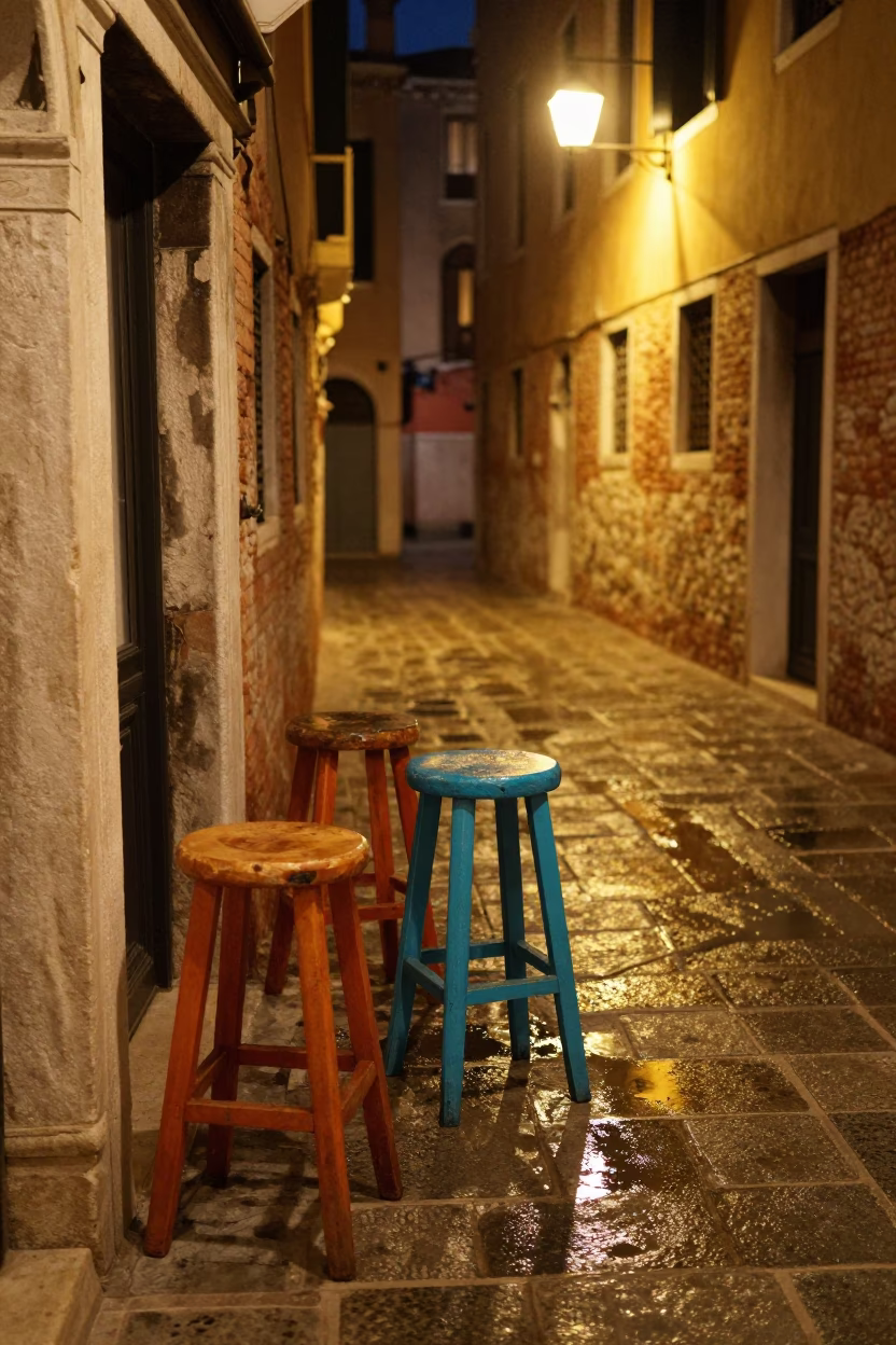 Late Night Venetian Alleyway With Colorful Bar Stools And Porcelain Jars in in Venice, Italy