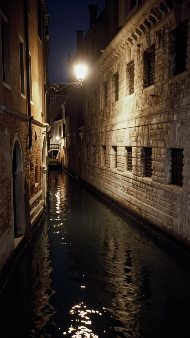 Late Night Venetian Canal Reflections and Historic Stone Architecture in Italy in in Venice, Italy