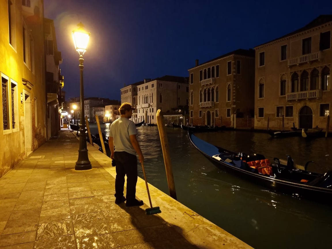 Late Night Venetian Canal Side with Worker and Cleaning Tools in in Venice, Italy
