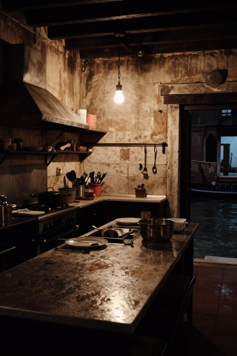 Late Night Venetian Kitchen Scene with Cutlery and Bowl Scratches in in Venice, Italy