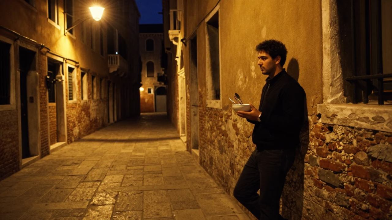 Late Night Venetian Street Scene with Cutlery and Ceramic Bowl in in Venice, Italy
