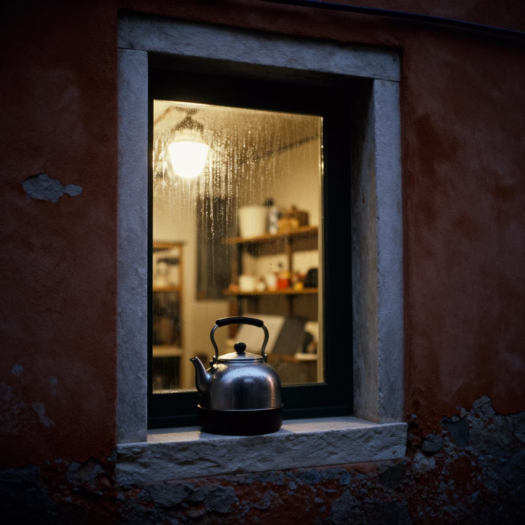 Late Night Venice Alleyway with Condensation on Kettle Lid and Urban Reflections in in Venice, Italy