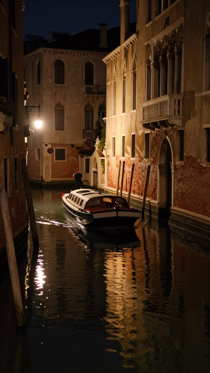 Late Night Venice Canal Barge Navigation Under Gaslight Reflections in in Venice, Italy