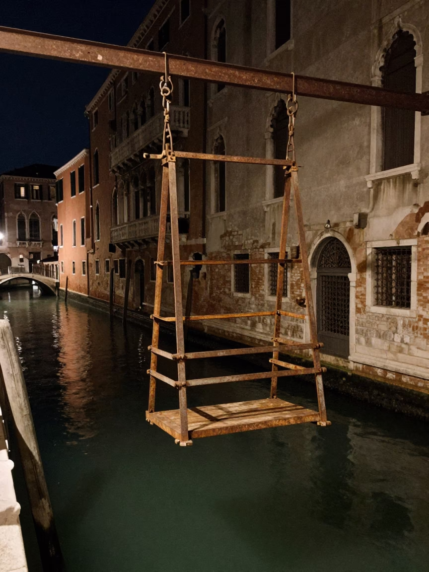 Late Night Venice Canal Bridge Maintenance Cage Swinging in Crosswind in in Venice, Italy