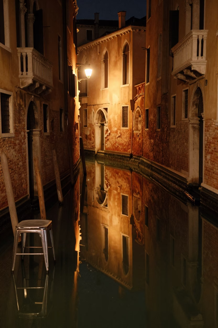 Late Night Venice Canal Reflections and Brushed Steel Stool Leg in in Venice, Italy