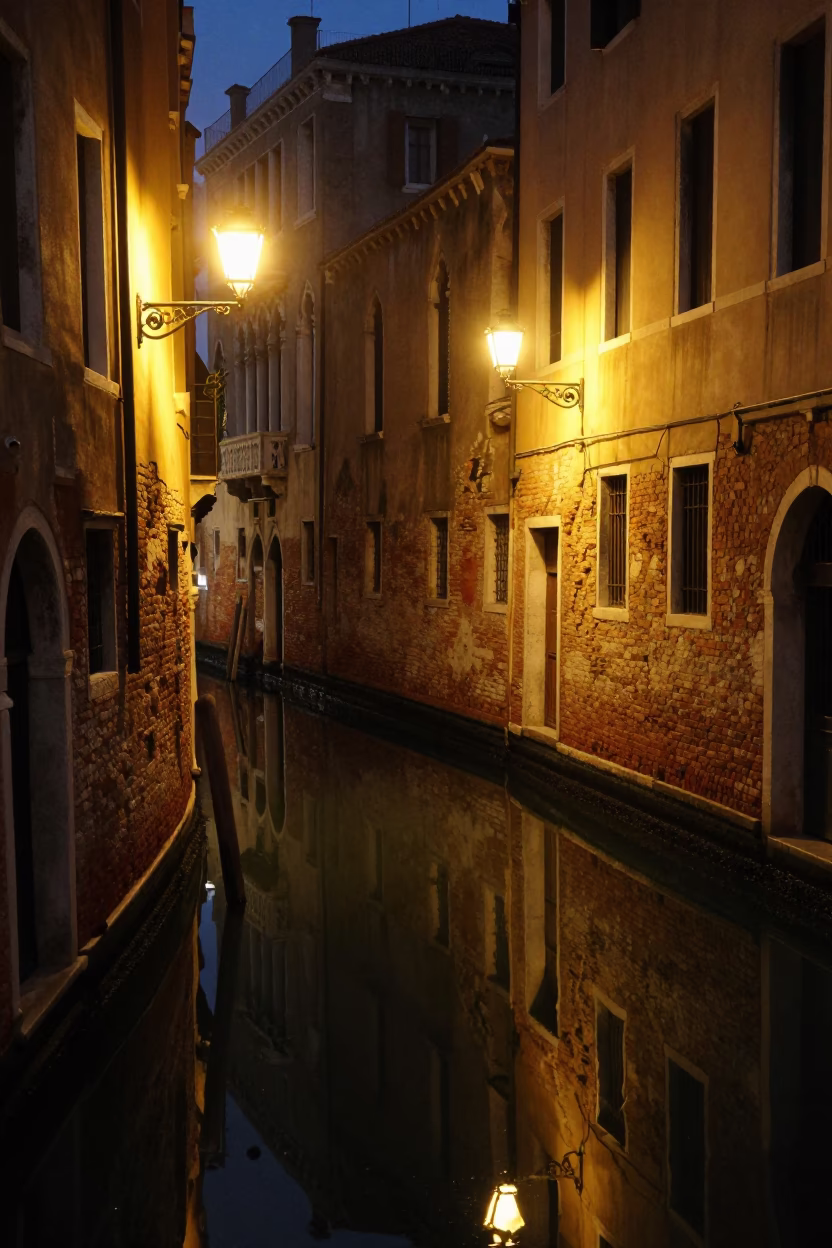 Late Night Venice Canal Reflections and Historic Architecture in in Venice, Italy