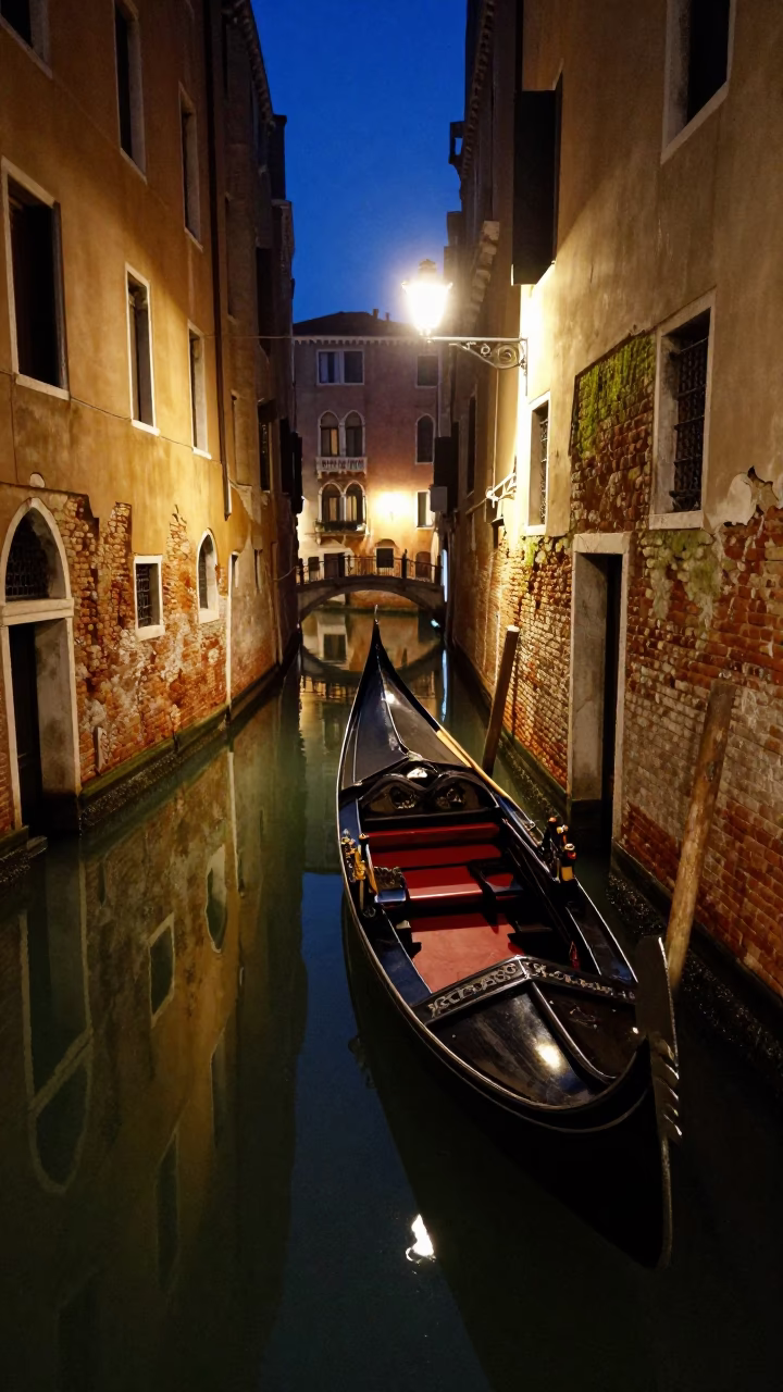 Late Night Venice Canal Reflections and Traditional Gondola Mooring in Quiet Urban Waterway in in Venice, Italy