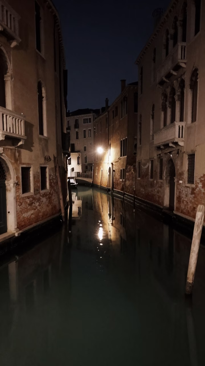 Late Night Venice Canal Reflections with Condensation on a Stone Basin in in Venice, Italy