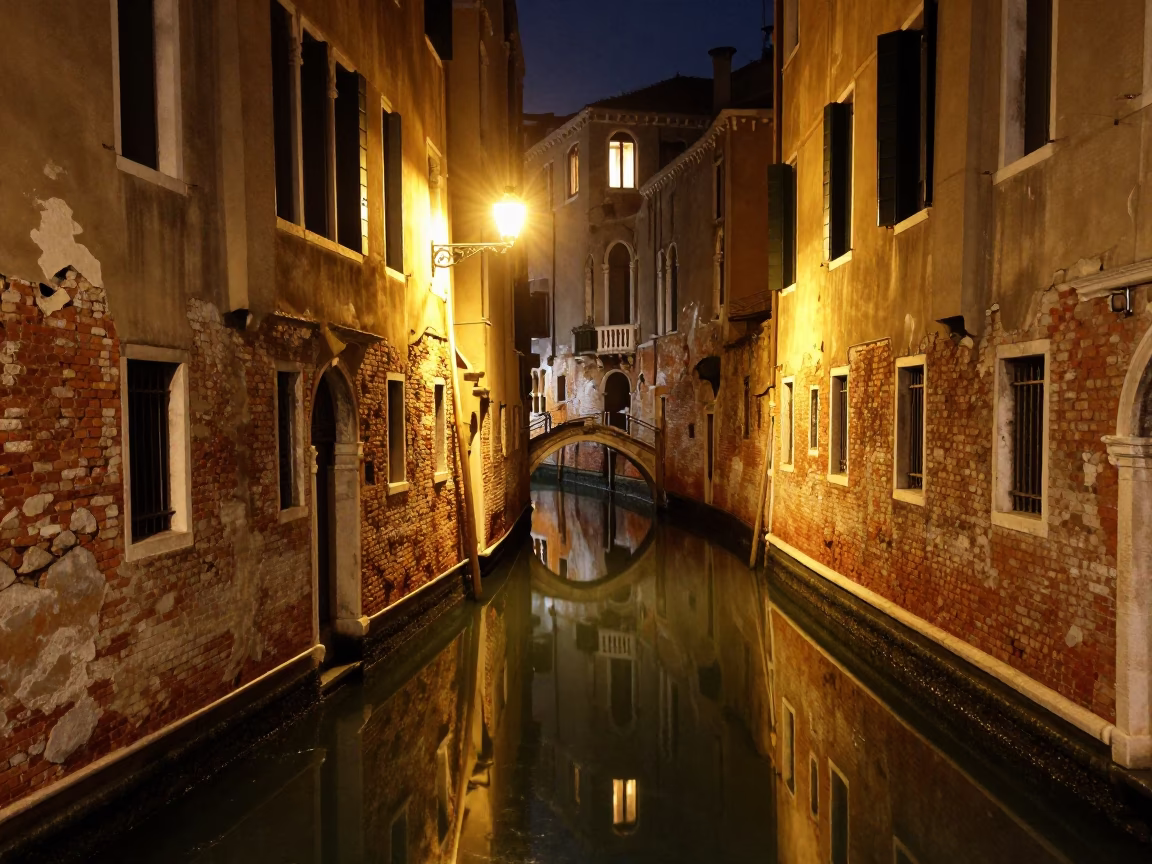 Late Night Venice Canal Reflections with Historic Brick Architecture and Quiet Water in in Venice, Italy