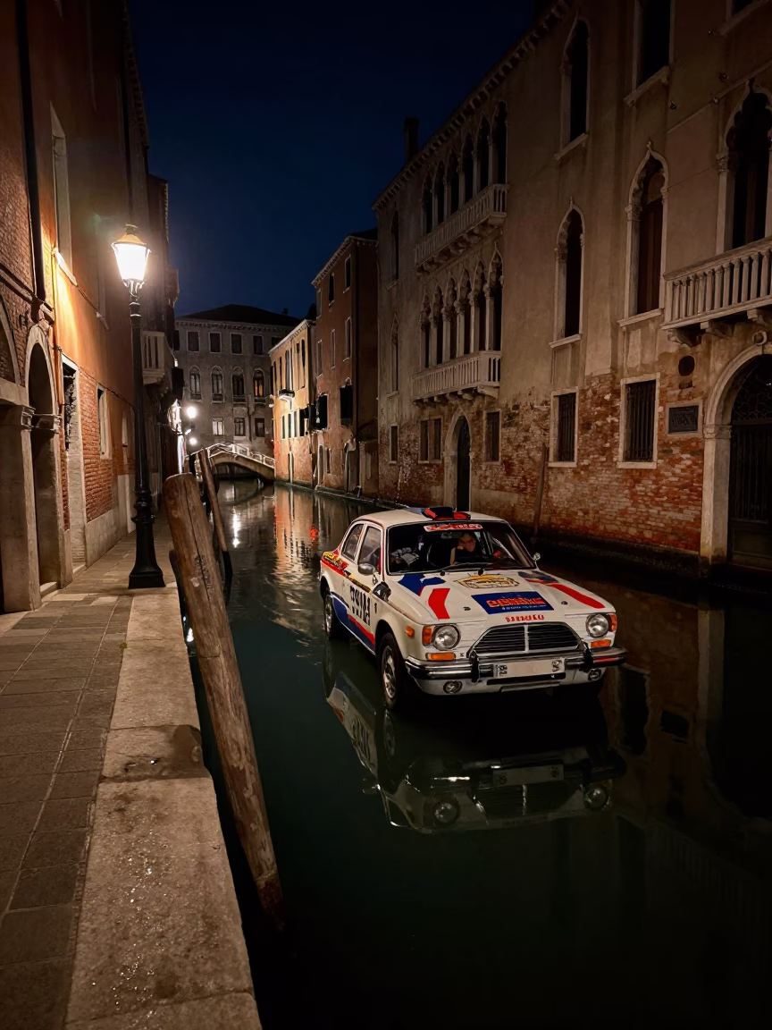 Late Night Venice Canal Reflections with Vintage Car Rally and Glass Vase in in Venice, Italy