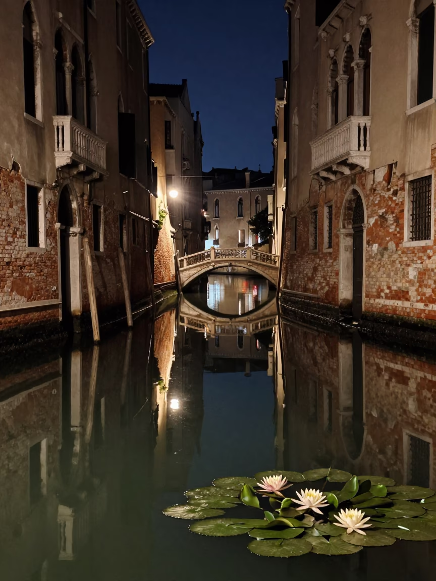 Late Night Venice Canal Reflections with Water Lilies and Stone Architecture in in Venice, Italy