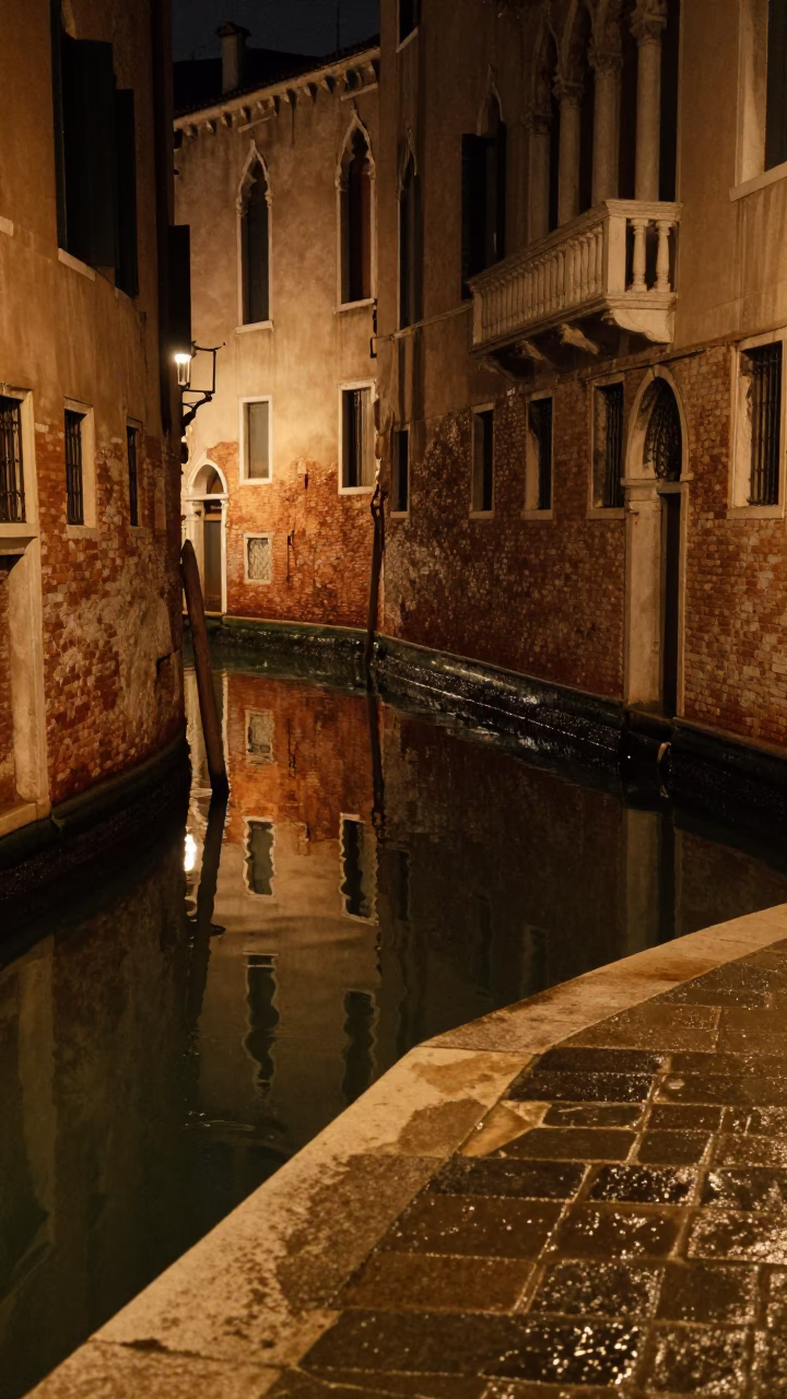 Late Night Venice Canal Reflections with Wet Cobblestones and Empty Gondola in in Venice, Italy