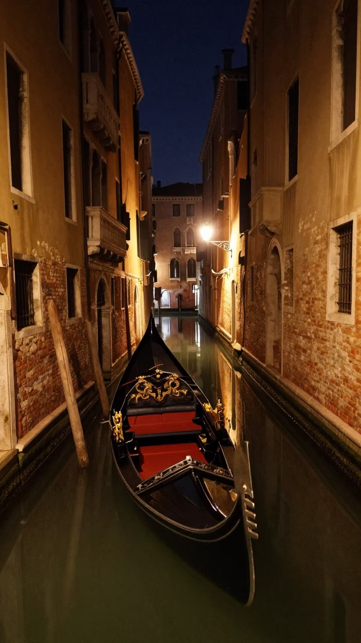 Late Night Venice Canal Scene with Moored Gondola and Stone Architecture in in Venice, Italy