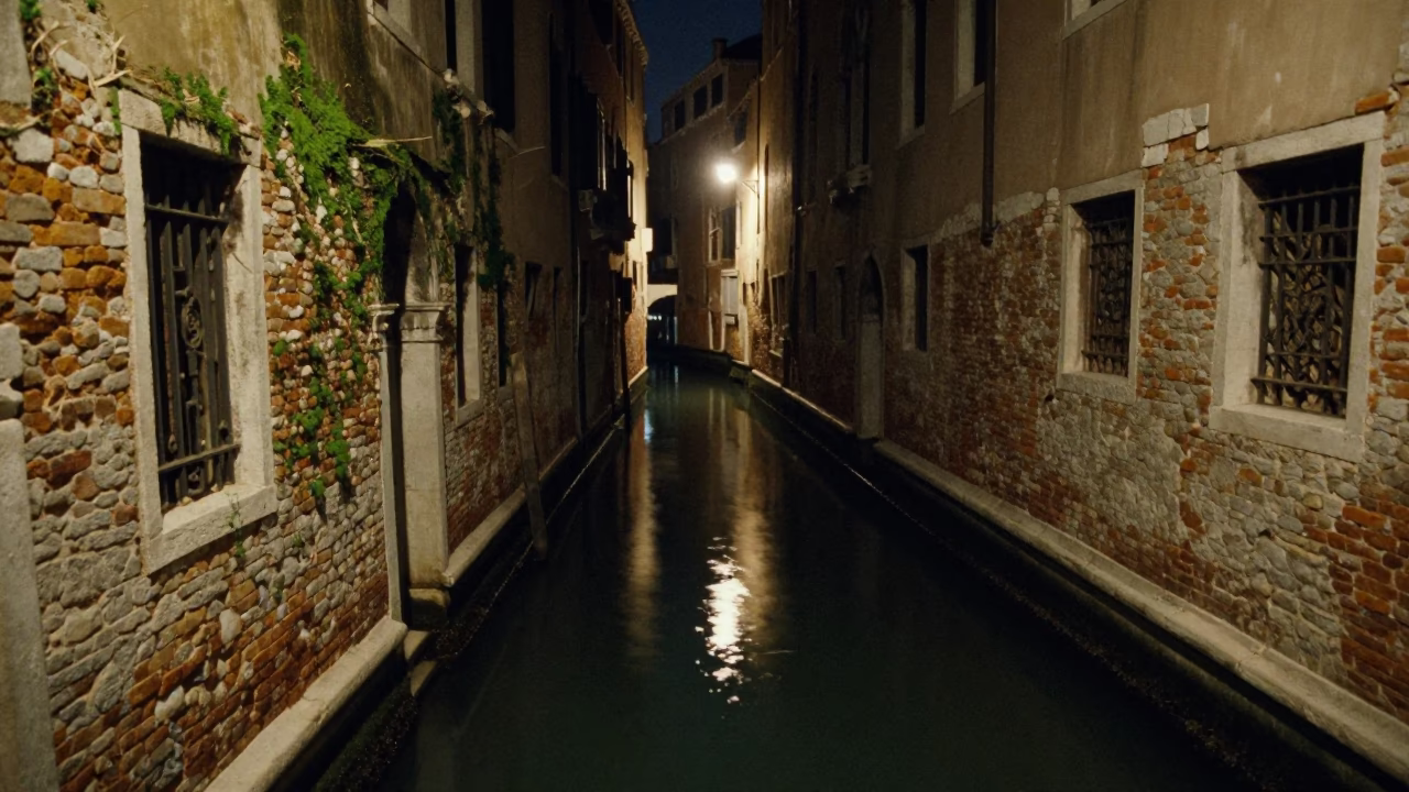 Late Night Venice Canal Scene with Mossy Stone Walls and Umbrella Stand in in Venice, Italy