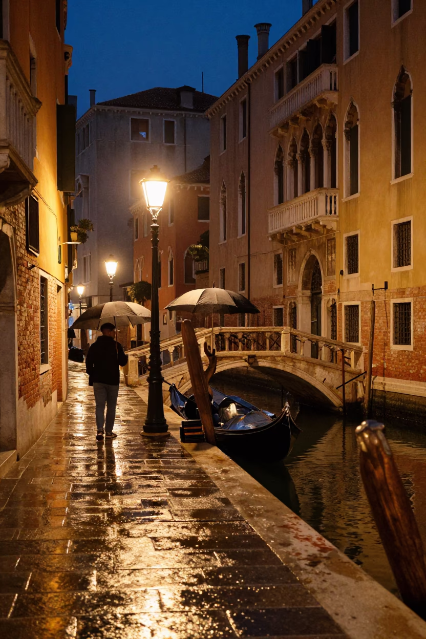 Late Night Venice Canals With Umbrellas And Colorful Architecture in in Venice, Italy