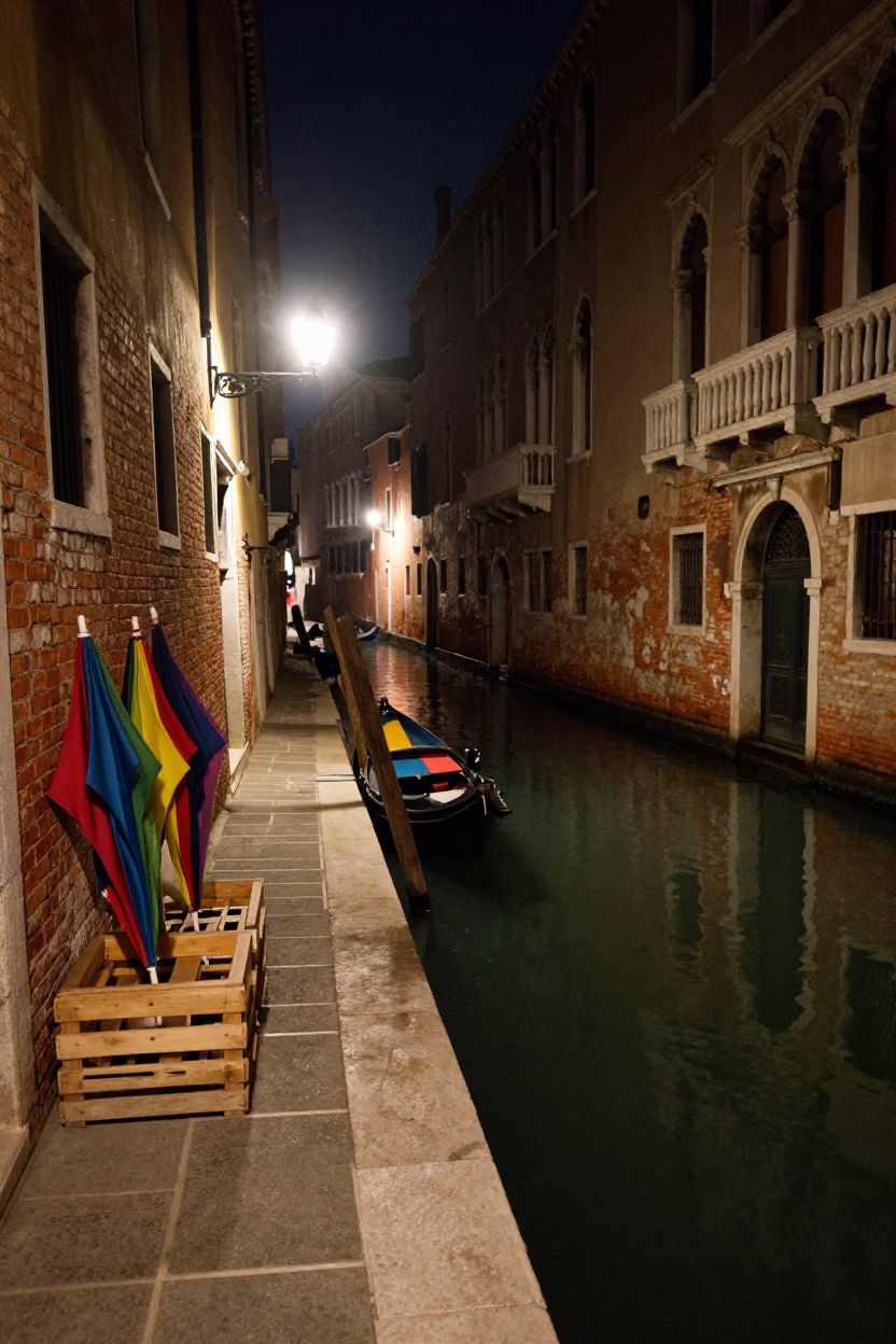Late Night Venice Canals with Umbrellas and Crates in in Venice, Italy
