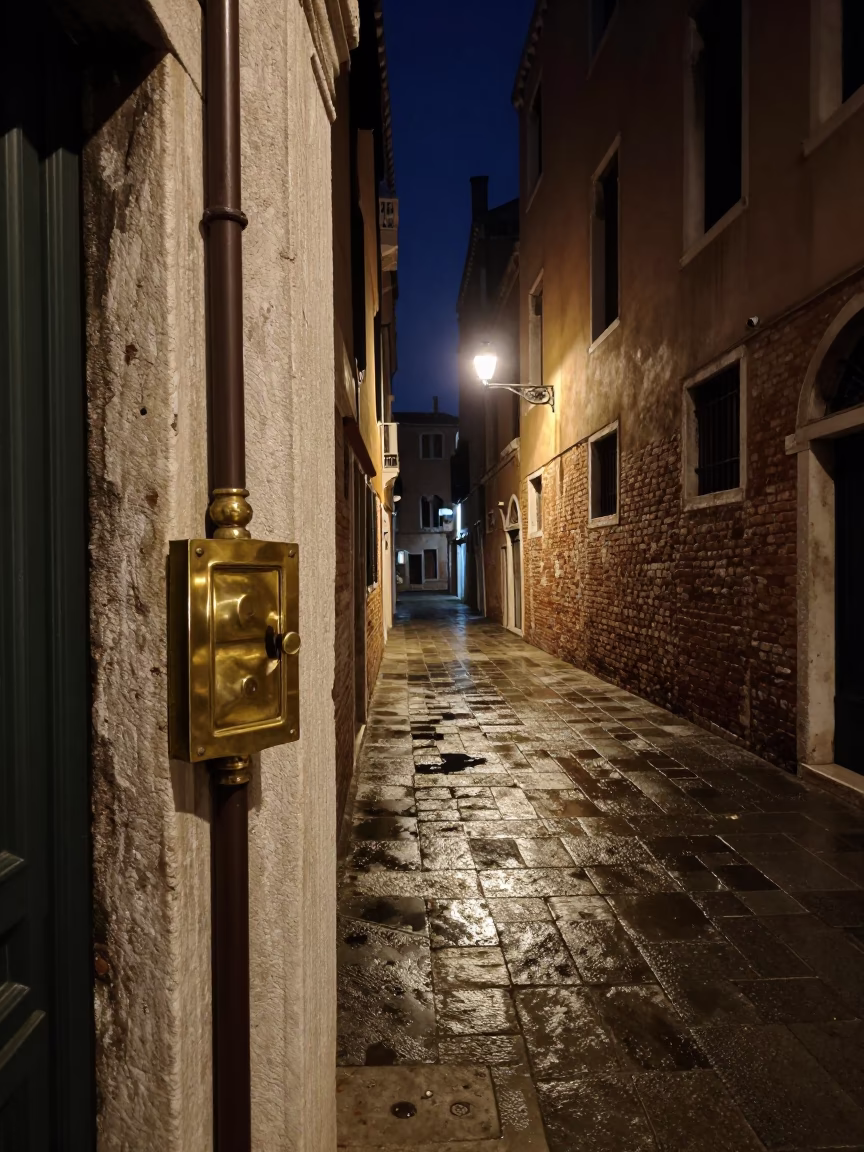 Late Night Venice Street Scene with Brass Fixture and Thimble Detail in in Venice, Italy