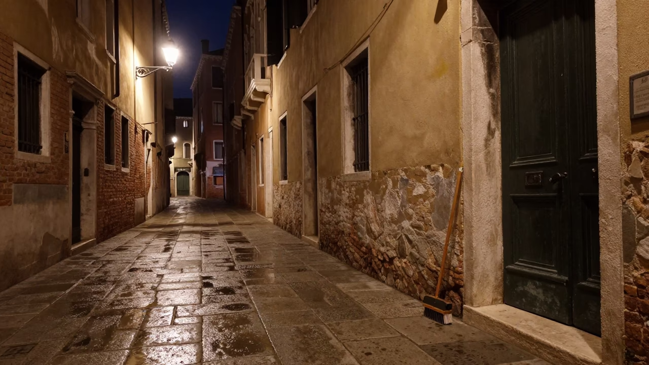 Late Night Venice Street Scene with Coat Brush and Reflections in in Venice, Italy