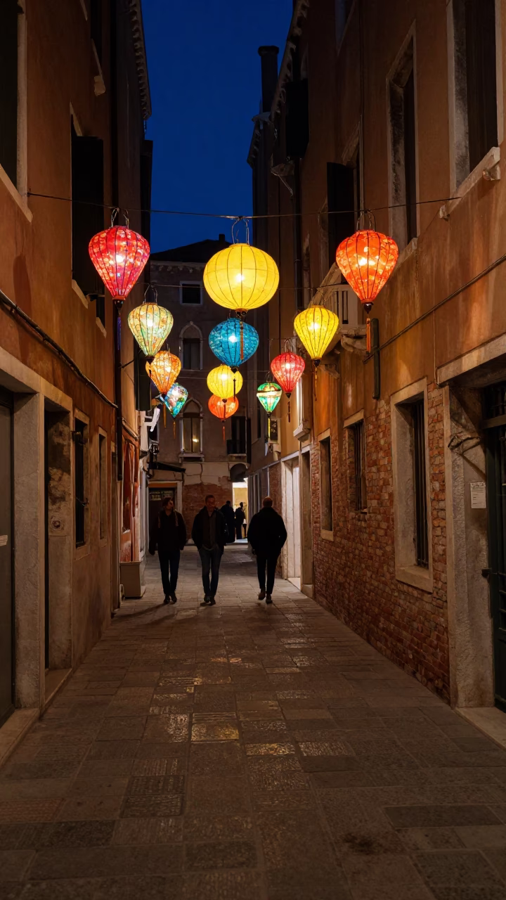 Late Night Venice Street Scene with Colorful Lanterns and Traditional Architecture in in Venice, Italy