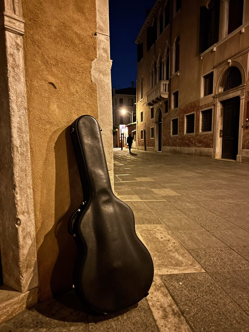 Late Night Venice Street Scene with Guitar Case and Glass Jar in in Venice, Italy
