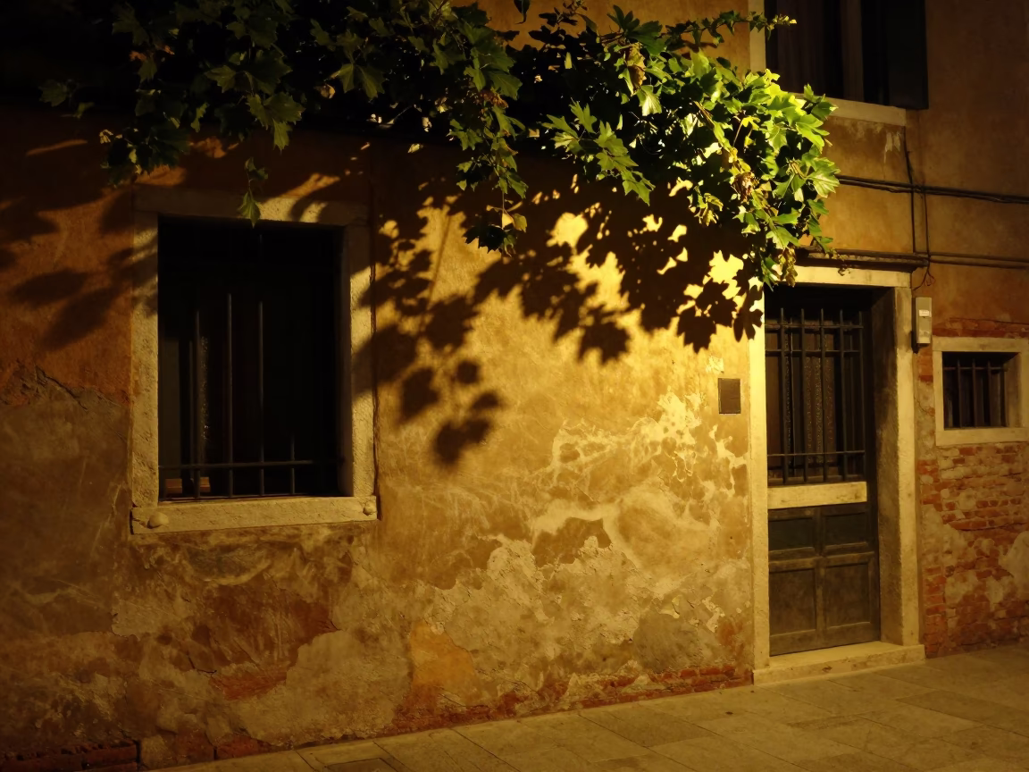 Late Night Venice Street Scene with Leaf Shadows and Clear Glass Pitcher Handle in in Venice, Italy