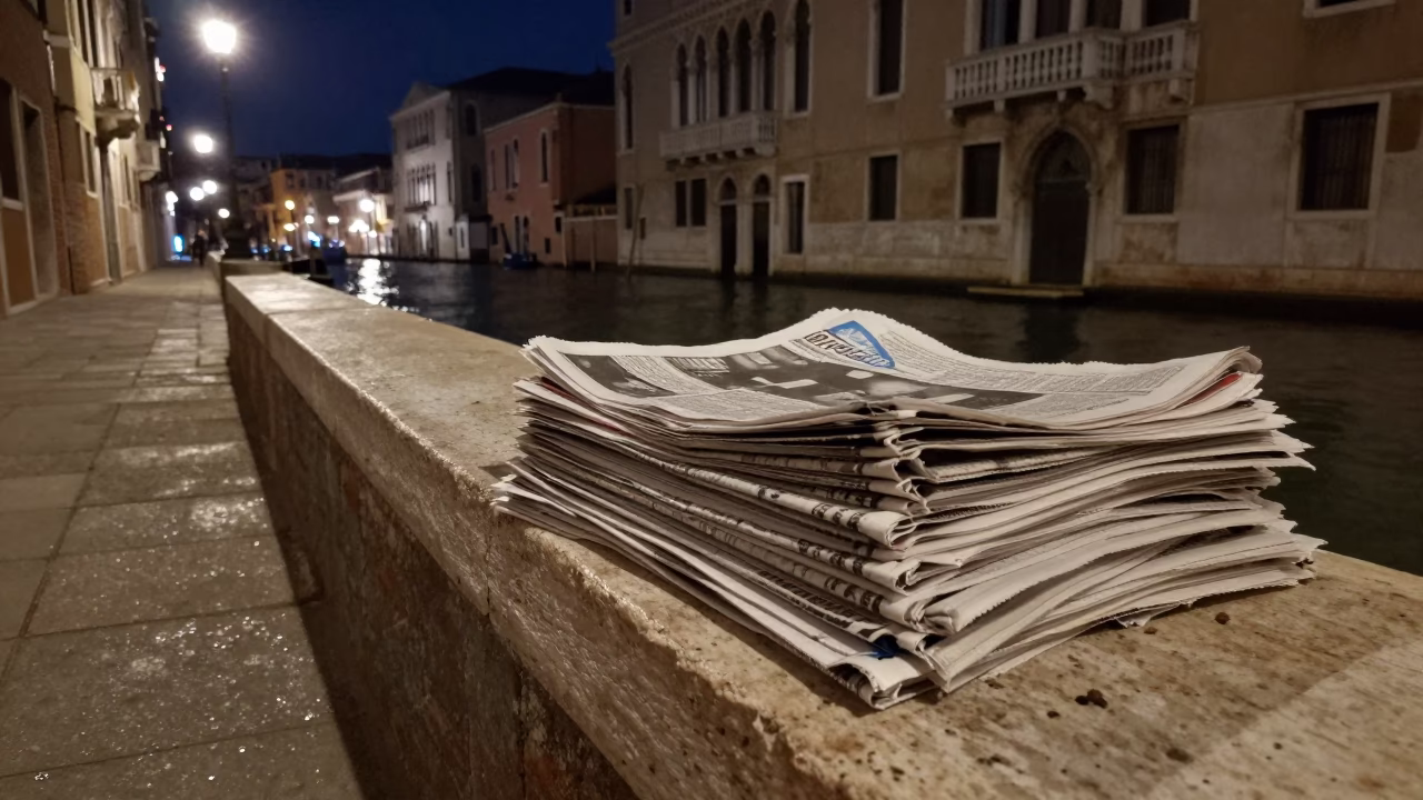Late Night Venice Street Scene with Newspaper Stack and Baking Sheet Near Rialto Bridge in in Venice, Italy