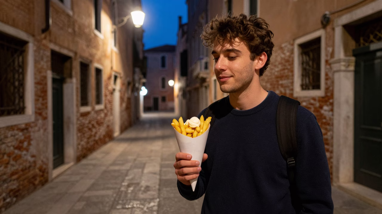 Late Night Venice Street Scene with Paper Cone of Belgian Frites and Mayonnaise in in Venice, Italy