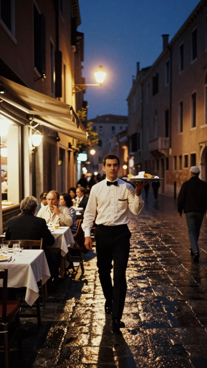 Late Night Venice Street Scene with Serving Platter and Suburban Elements in in Venice, Italy