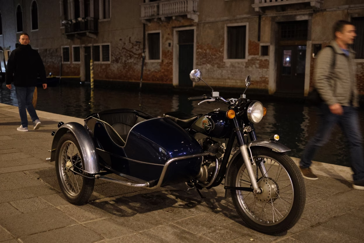 Late Night Venice Street Scene with Vintage Motorcycle Sidecar and Local Evening Activity in in Venice, Italy