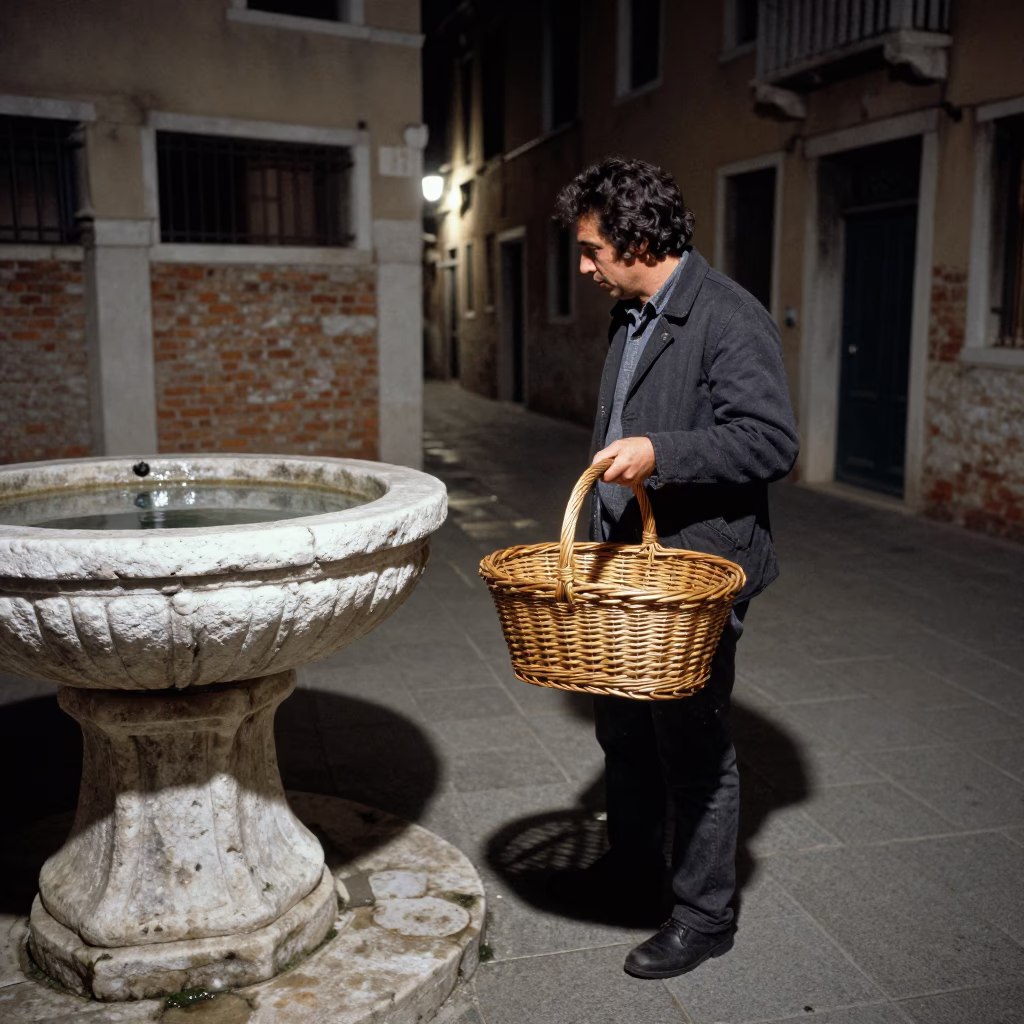 Late Night Venice Street Scene with Wicker Basket and Stone Basin in in Venice, Italy