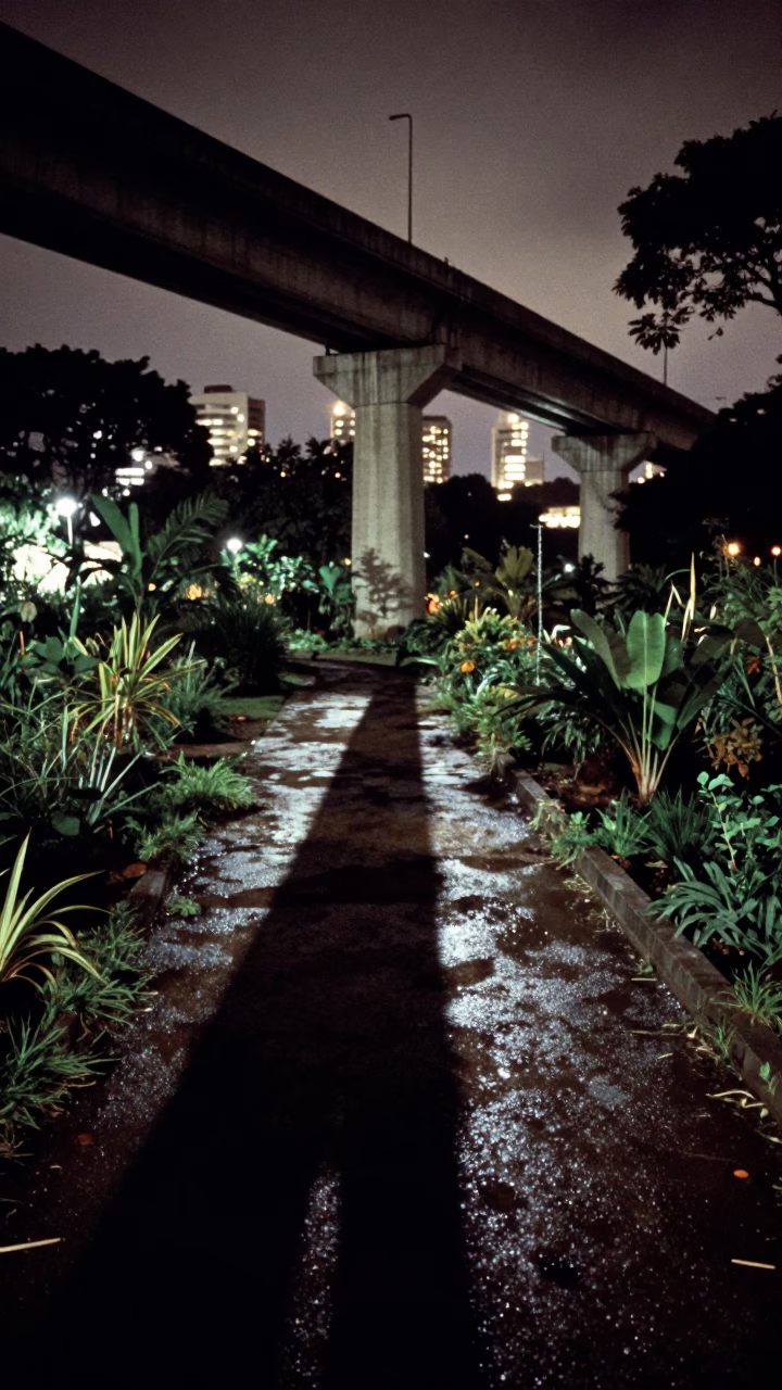 Late Night Viaduct Shadow on São Paulo Allotment Gardens After Rain in in São Paulo, Brazil