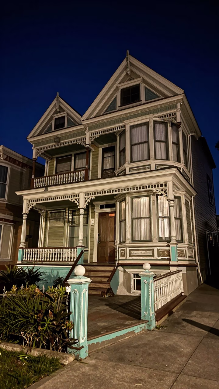 Late Night Victorian Porch Scene in San Francisco Under Deep Night Sky in in San Francisco, California, United States
