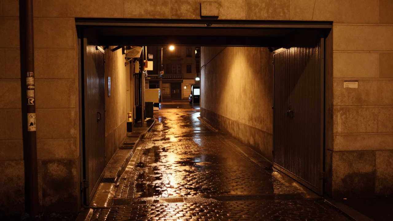 Late Night Vienna Alley Service Tunnel Reflections and Urban Infrastructure in in Vienna, Austria