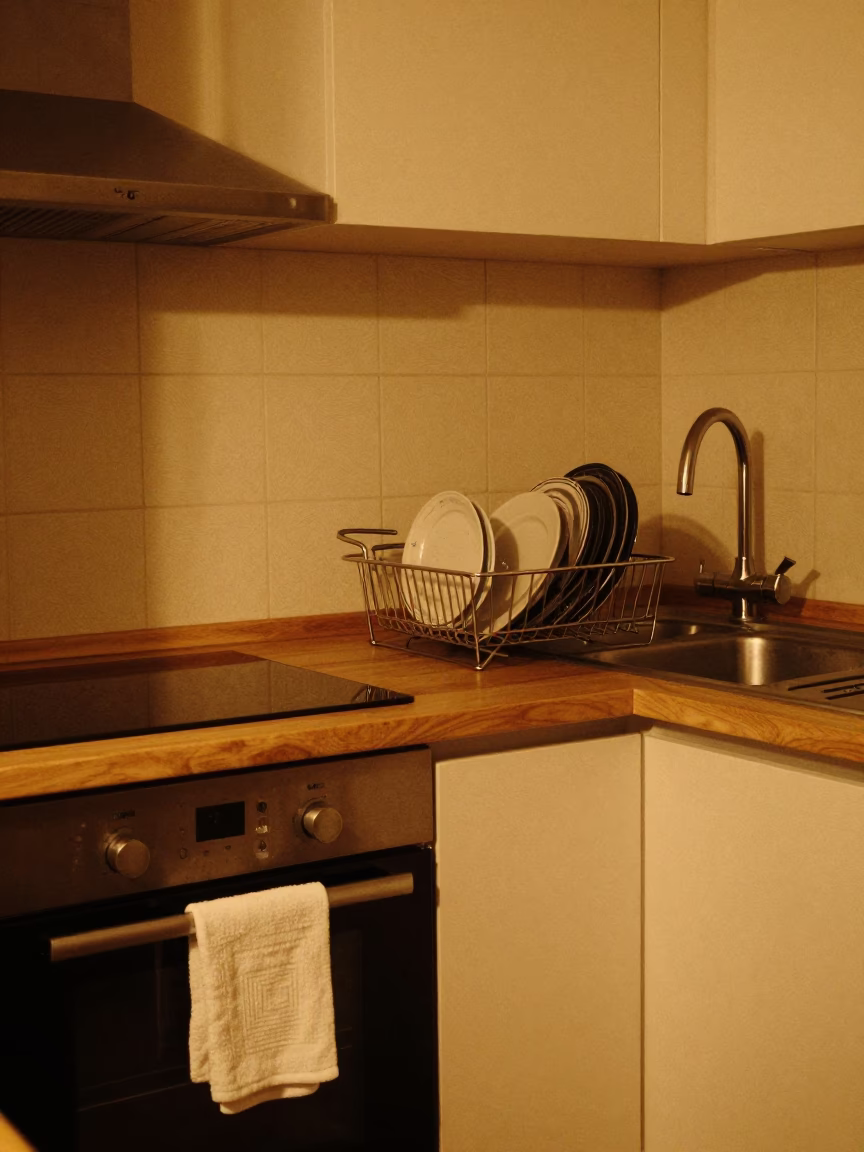Late Night Vienna Apartment Interior with Kitchen Sink and Window View in in Vienna, Austria