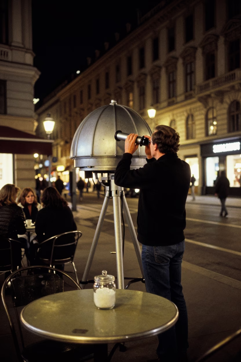 Late Night Vienna Street Scene with Astronomical Observer and Glass Sugar Jar in in Vienna, Austria