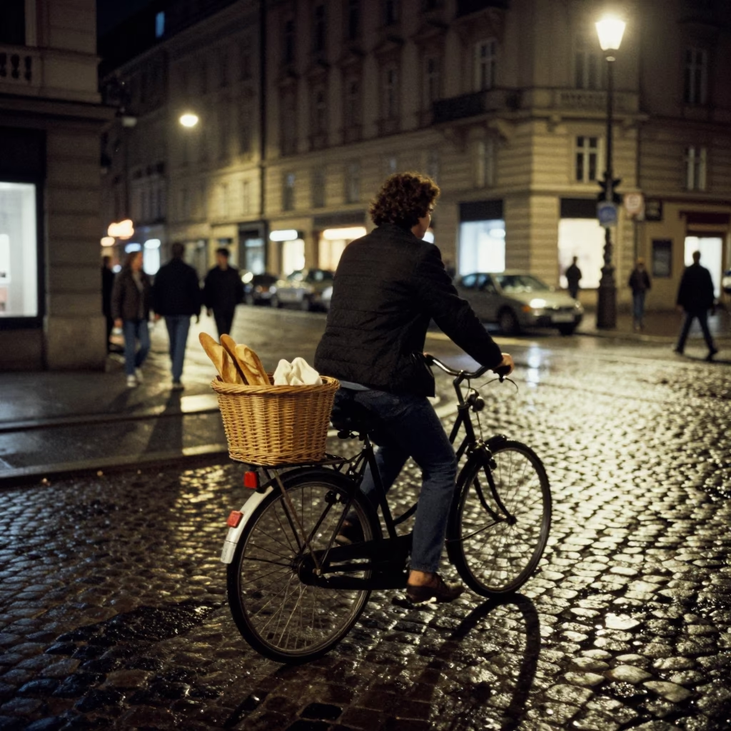Late Night Vienna Street Scene with Bicycle and Vintage Majolica Plate in in Vienna, Austria