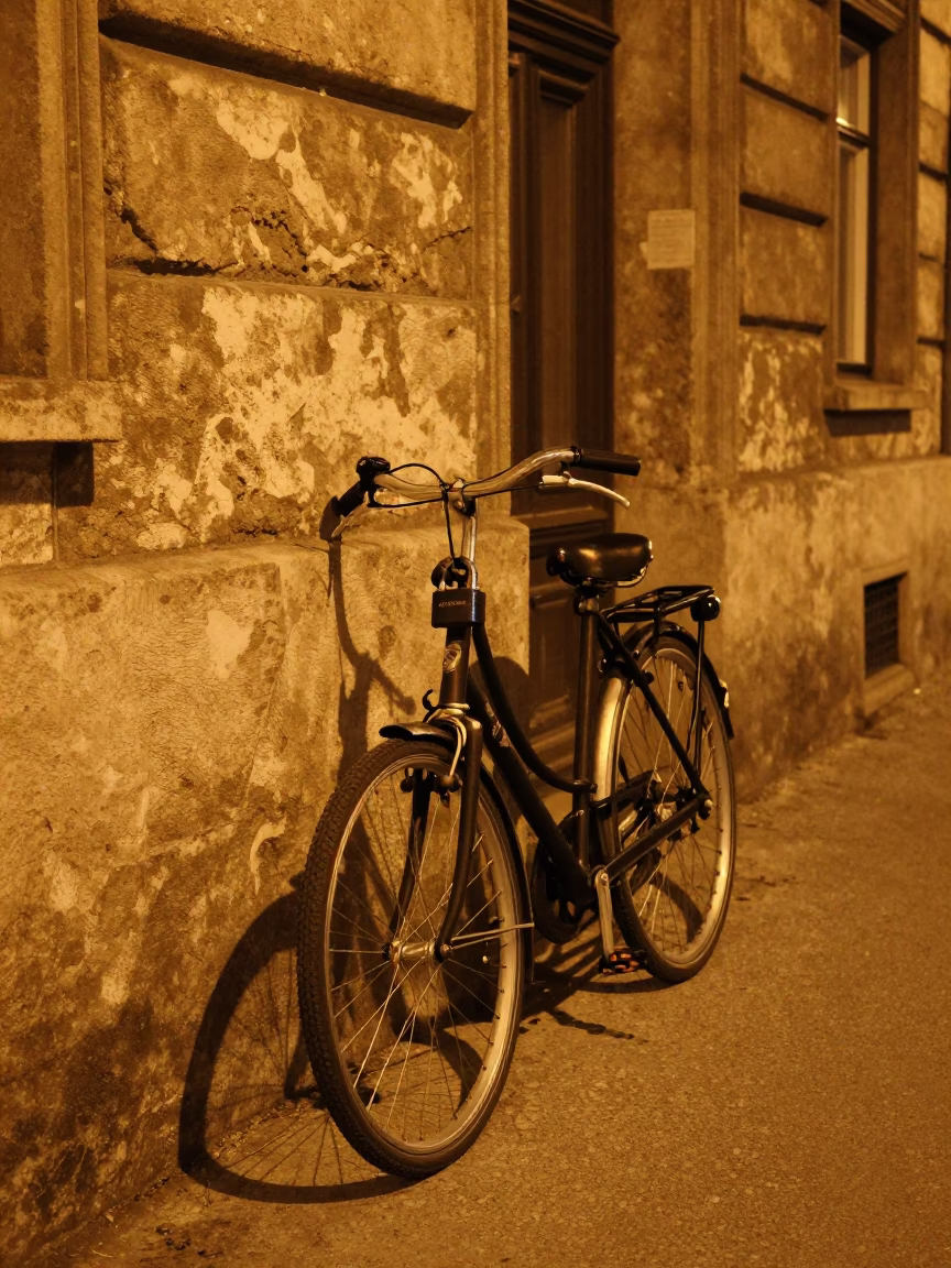 Late Night Vienna Street Scene with Bicycle Lock and Cobblestone Alley in in Vienna, Austria