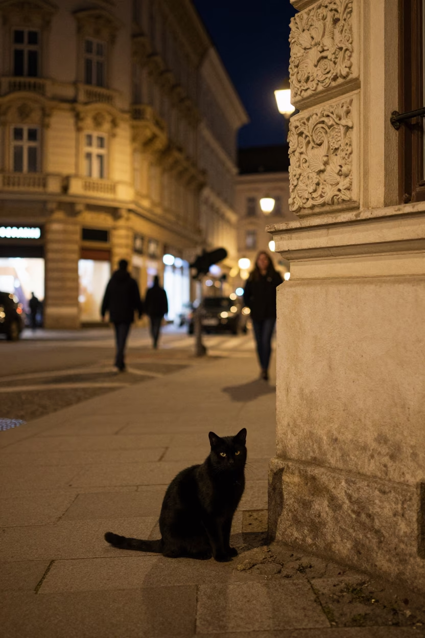 Late Night Vienna Street Scene with Black Cat and Deadbolt Detail in in Vienna, Austria