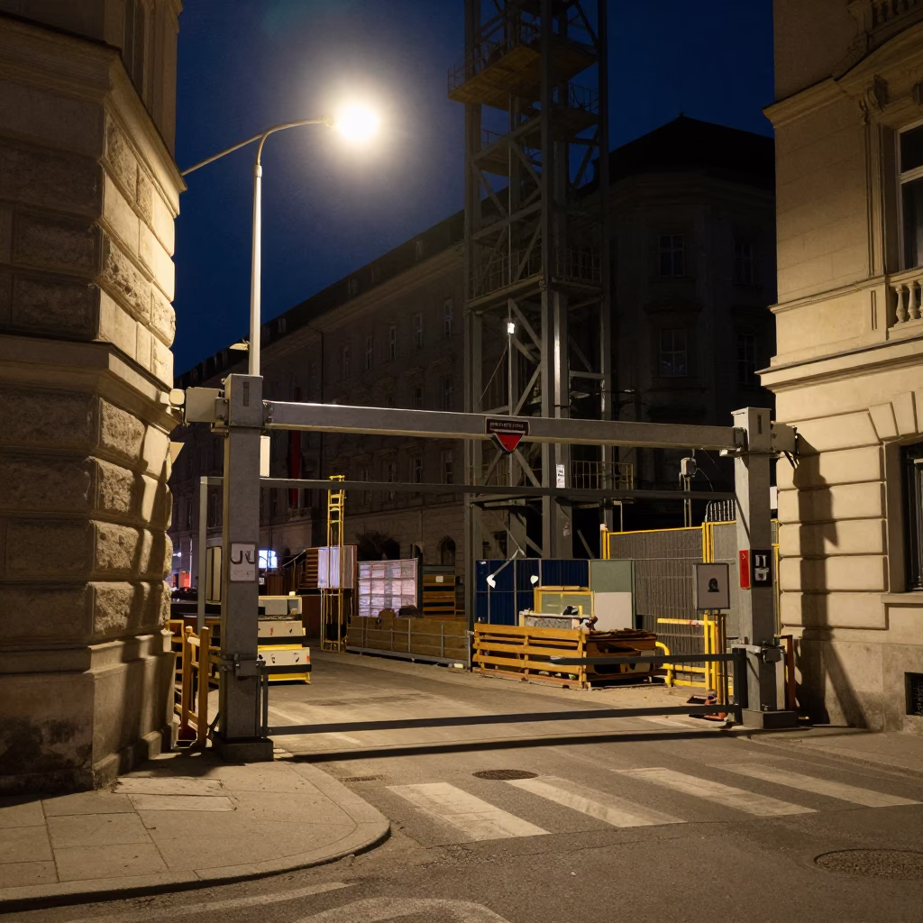 Late Night Vienna Street Scene with Construction Elevator Gate and Rebar Bundles Under Streetlight in in Vienna, Austria