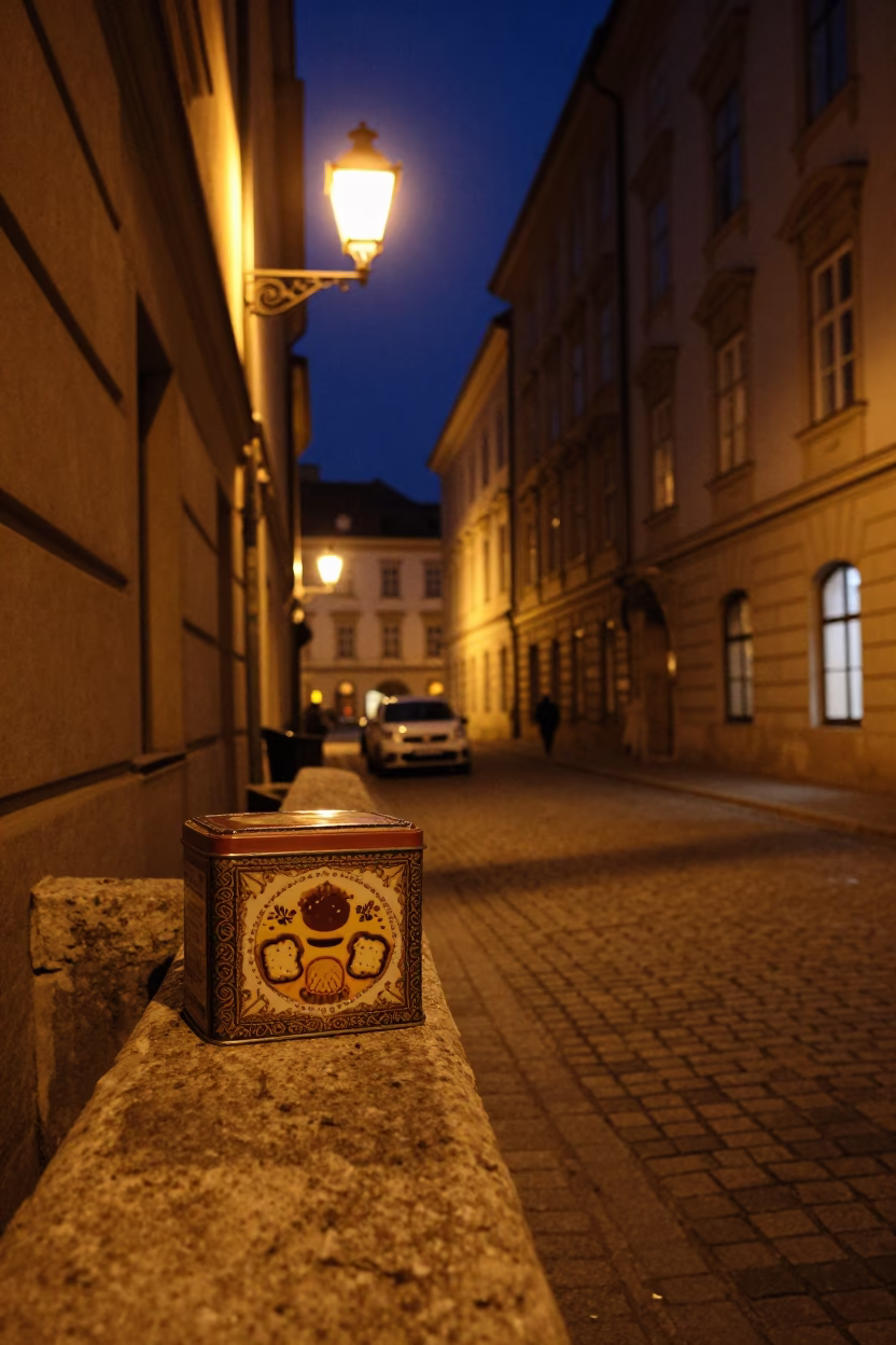 Late Night Vienna Street Scene with Cookie Tin and Echeveria on Cobblestone in in Vienna, Austria
