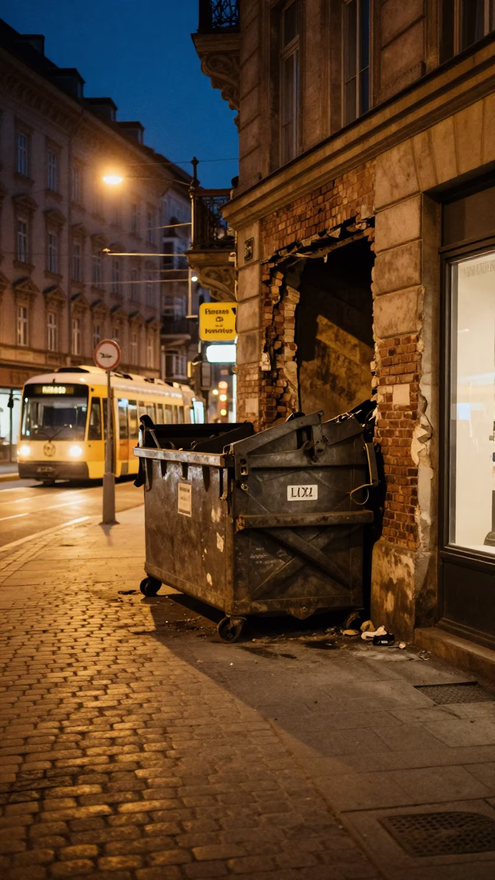 Late Night Vienna Street Scene with Demolition Dumpster and Glowing Shop Window Reflections in in Vienna, Austria