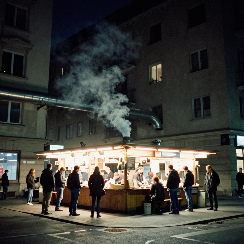 Late Night Vienna Street Scene with District Heating Pipes and Kebab Grill in in Vienna, Austria